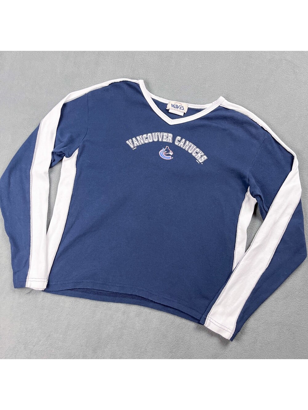 Vintage Canucks Long Sleeve V-Neck Shirt, Navy Blue and White